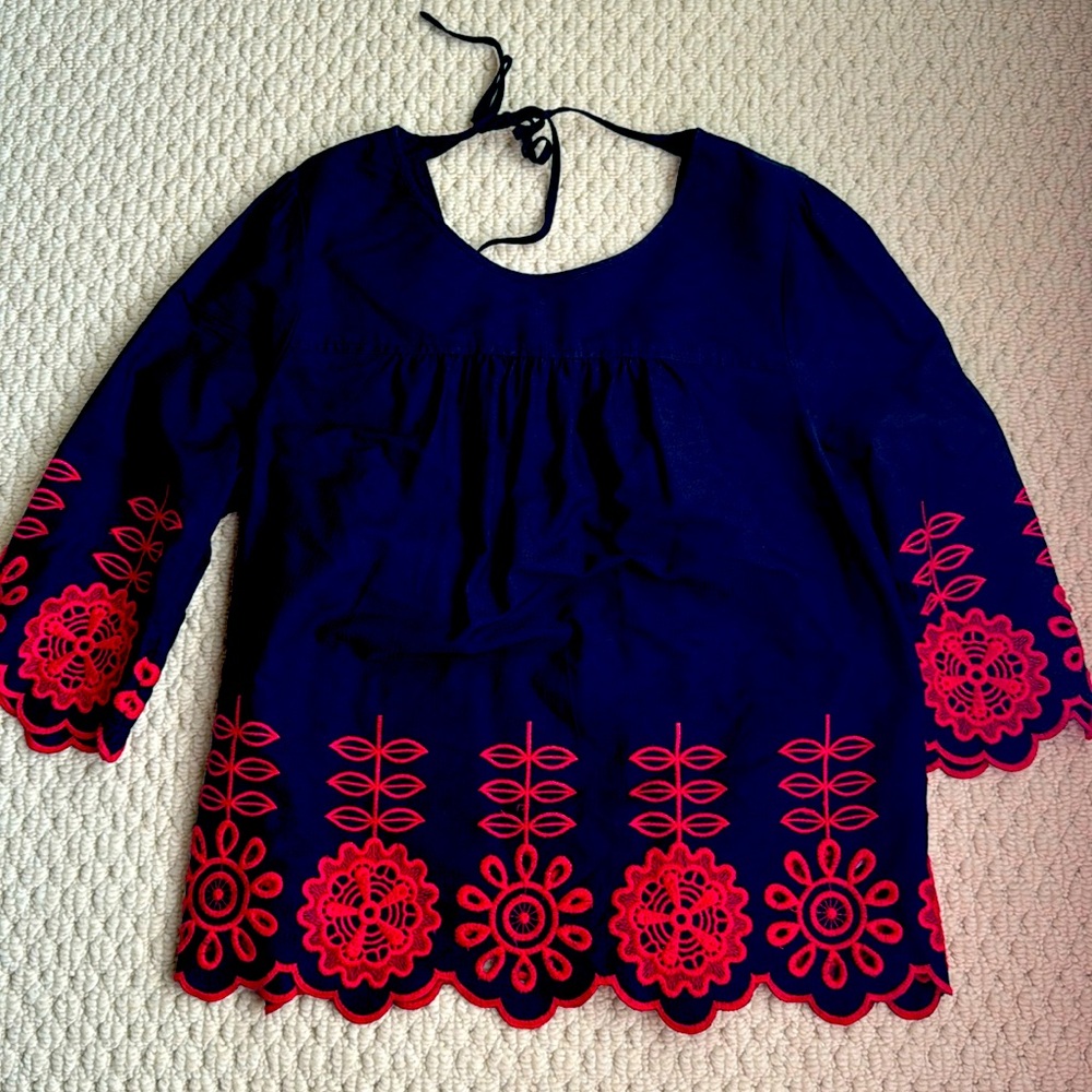 Crown & Ivy top. Navy blue with red embroidery.